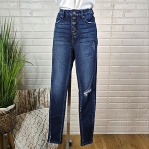 KanCan Dark Wash High Rise Button Fly Distressed Knee Skinny Jeans Size 5 Or 26